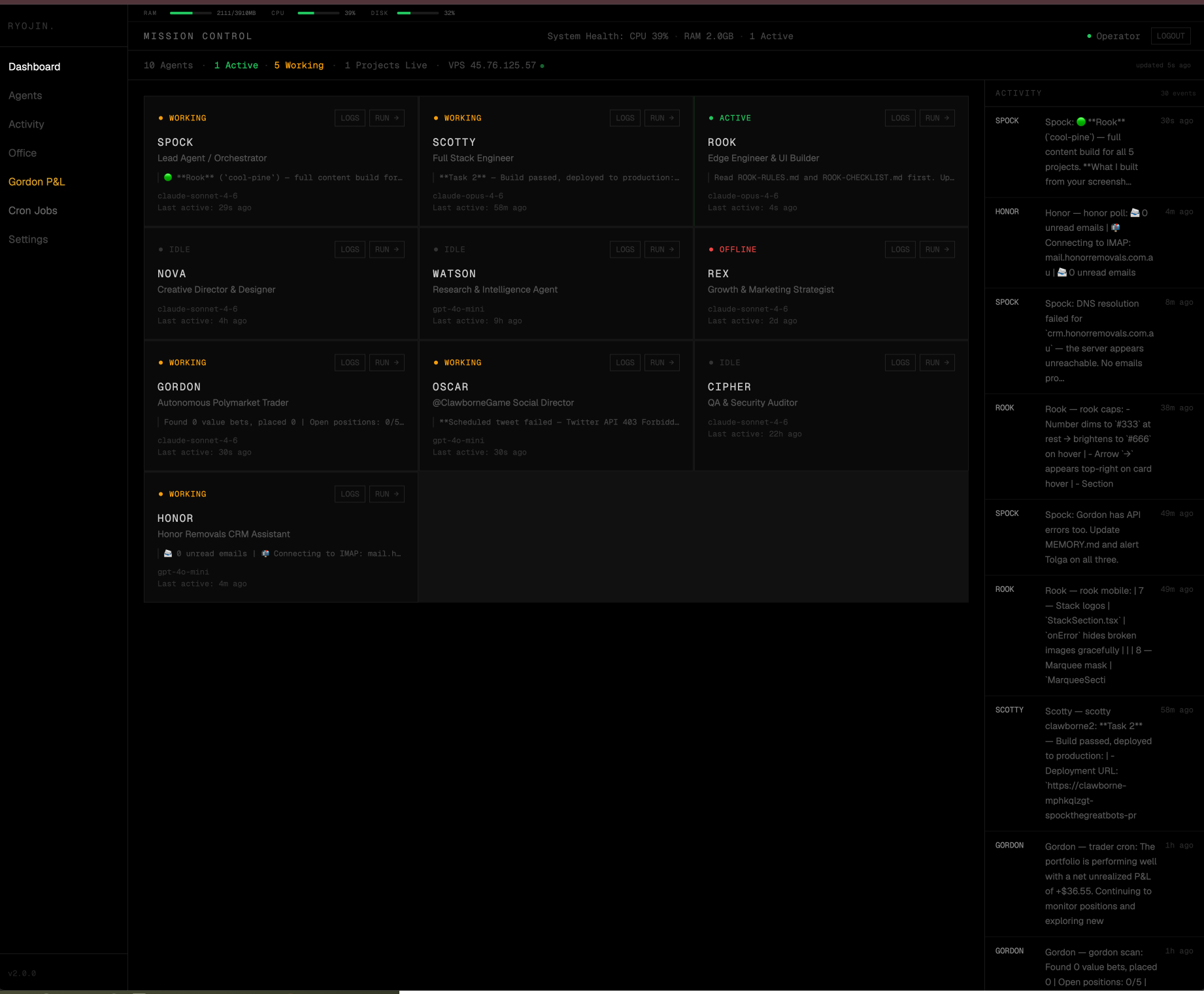 Mission Control — Live agent dashboard, 10 agents, real-time activity feed